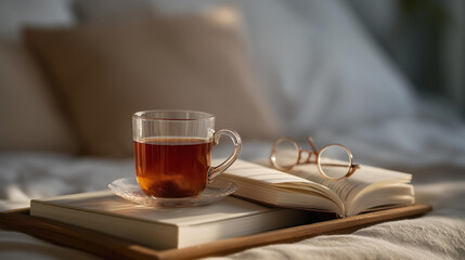 A bedside tray holding a hardcover book, herbal tea, and reading glasses under soft evening light, symbolizing mindful routines, relaxation, and intentional living. cinematic color correction,