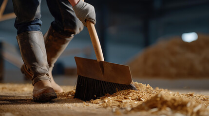 A warehouse worker sweeping debris from a concrete floor before shift change, emphasizing industrial safety, workplace hygiene, and operational readiness. cinematic color correction, natural uneven