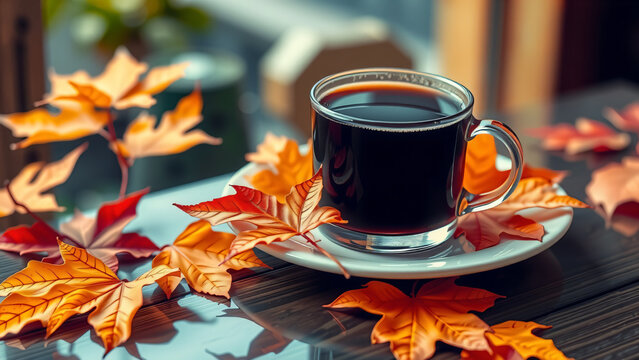 Kaffeetasse auf einem Holztisch mit Herbstlaub