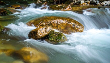 Close-up of a large, smooth rock in a rushing river with blurred water.