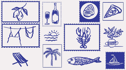 A collection of whimsical blue ink illustrations depicting summer vacation and travel themes © 弗莱彻