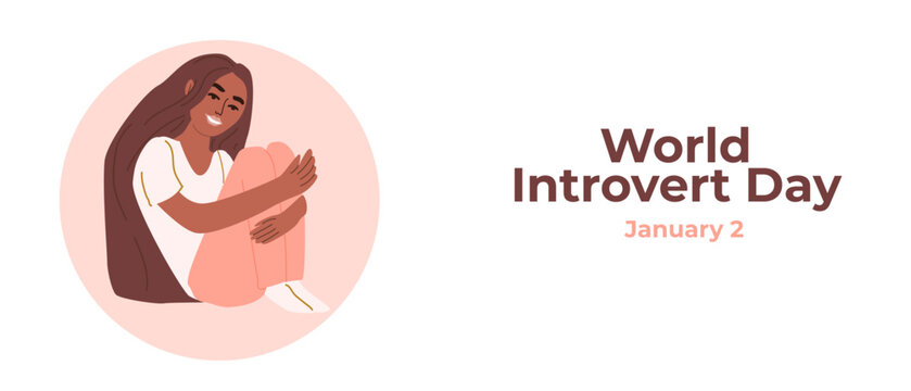 Vector banner for World Introvert Day, January 2nd. Illustration of a dark-skinned woman in a circular space. Concept of an introvert with an inclusive focus.
