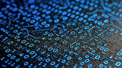 Close-up of binary code and circuitry with blue neon glow on dark textured surface - Powered by Adobe