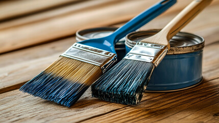 Blue-handled paintbrushes resting on a paint can lid, highlighting wood surface protection for a wooden house, set against a wooden floor background for DIY and home improvement visuals