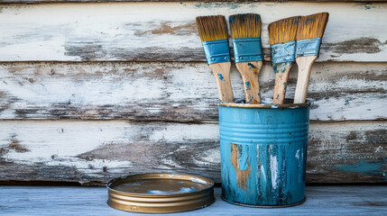 Blue-handled paintbrushes resting on a paint can lid, highlighting wood surface protection for a wooden house, set against a wooden floor background for DIY and home improvement visuals