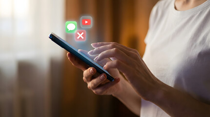 Person using a smartphone with visible app icons for messaging video and a cancel option displayed above the device