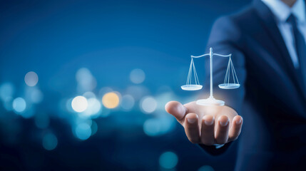 businessman holds a glowing digital scale of justice above his hand, symbolizing fairness, legal innovation, and the integration of technology in modern law
