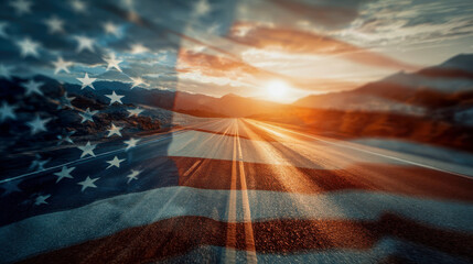 long open highway stretches into a glowing sunset over mountains, overlaid with the translucent American flag, symbolizing freedom, journey, and national pride