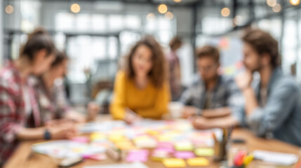 Blurred photo of corporate team collaborating in a conference room, sharing ideas and planning business strategy, representing teamwork, brainstorming, and corporate synergy