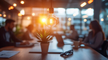 Blurred photo of corporate team collaborating in a conference room, sharing ideas and planning business strategy, representing teamwork, brainstorming, and corporate synergy