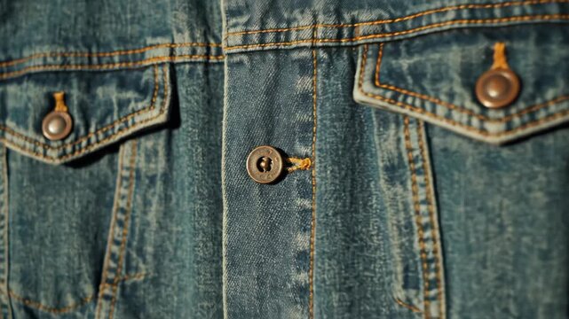 This extreme close-up shot highlights the rugged texture and intricate stitching of a classic indigo blue denim jacket, focusing on the metal buttons and breast pockets.