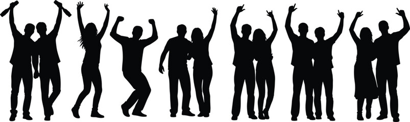 Happy people silhouettes celebrating success, cheering crowd with raised hands, teamwork achievement, party, freedom, victory concept illustration