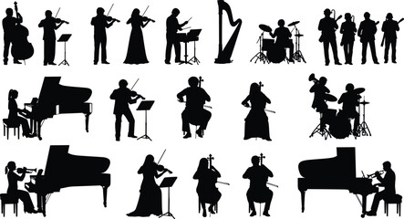 Musician silhouettes collection, orchestra and band performers, piano violin cello drums trumpet harp, classical jazz music illustration set © Aiub