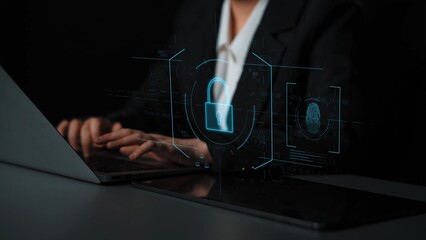 Digital cyber security lock system highlighting data security encryption, cyber password protection, fingerprint ID, cloud storage safety, and cyber security for online access Marrow