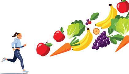 Young woman jogging with trail of fresh fruits and vegetables © Husmath