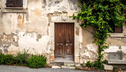 Rustic Wooden Door on an Old, Weathered Building Facade.