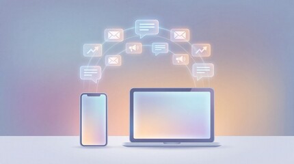 A smartphone and laptop on a desk with digital communication icons floating above them