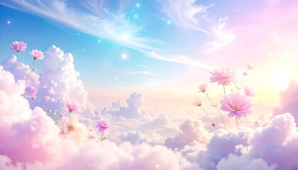 Dreamy Sky with Pink Flowers and Fluffy Clouds.