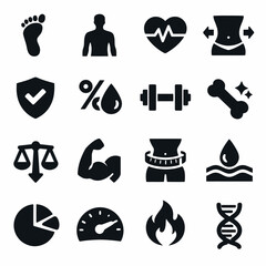 Fitness and health icons: exercise, nutrition, heart rate, and wellness symbols