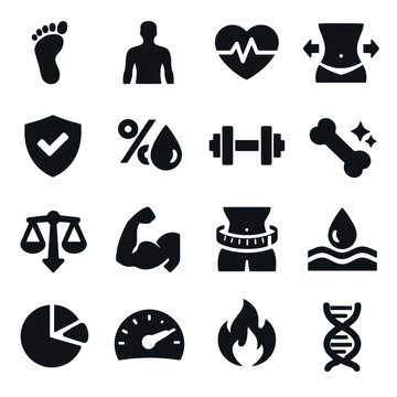 Fitness and health icons: exercise, nutrition, heart rate, and wellness symbols
