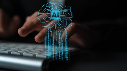 Hands Typing on Keyboard with Artificial Intelligence Symbol and Technology Elements Representing Innovation and Digital Future Gluon.