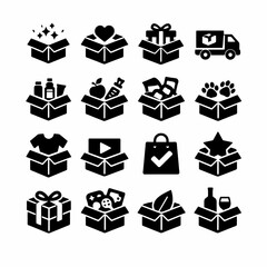 Variety of black box icons depicting gifts, food, and more