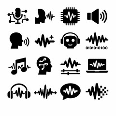 Audio technology icons: microphones, sound waves, circuit boards, computers, heads, music notes, headphones