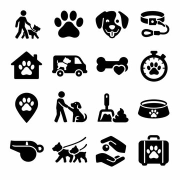 Pet care icons: dog walking, training, grooming, supplies, safety