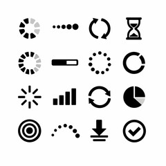 Set of 16 simple black and white loading and progress icons