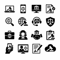 Legal technology icons set: scales, digital tools, and justice symbols