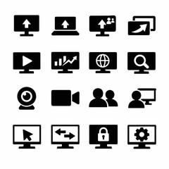 Digital communication and technology icons: computer, video, security, analytics symbols