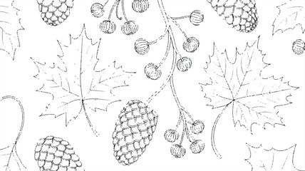 Pine cones and maple leaves with berries on branches