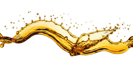 Golden amber liquid in a dramatic frozen crown splash, spherical droplets, transparent background, hard studio light, macro close-up, luxury product advertising concept