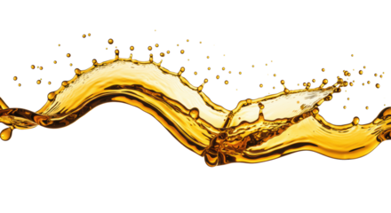 Golden amber liquid in a dramatic frozen crown splash, spherical droplets, transparent background, hard studio light, macro close-up, luxury product advertising concept