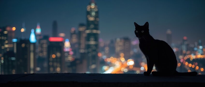 Black cat silhouette sitting on a rooftop overlooking city lights