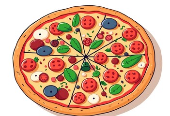 Stylized vector illustration of a whole pizza with various toppings, presented with a modern flat design suitable for digital media ,  scalable,  modern