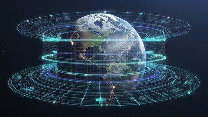 Earth surrounded by glowing digital network rings and data streams in dark space planet globe - Powered by Adobe