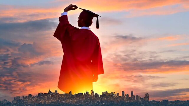Graduating student celebrates with cap in front of cityscape at sunset, facing away