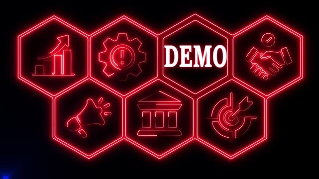 DEMO business concept. A neon read Business DEMO  concept. Hi tech motion graphic background. Business, technology, marketing, internet and networking concept. 4k video motion graphic	