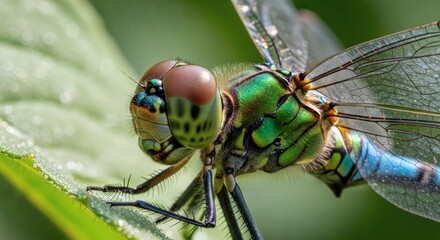 Close-up macro shot of a vibrant green and blue dragonfly resting on a leaf with intricate details visible on its body and wings.