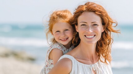 Mother in a summer dress carries her red-haired daughter on her back while both smile on the beach with bright skies and gentle waves