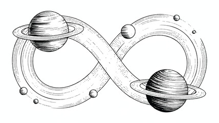 Planets and rings in infinity symbol  science illustration