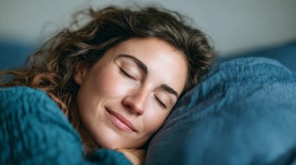 Woman with curly brown hair rests on dark blue bedding while holding a pillow. Soft light creates a warm atmosphere in the room