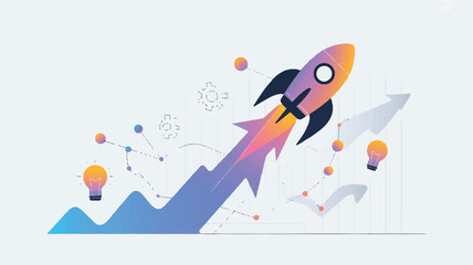 rocket ship soaring upwards with lightbulbs and graphs  business growth concept