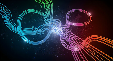 Cybernetic Circuitry Connection: Glowing Neural Network and Data Stream Visualization