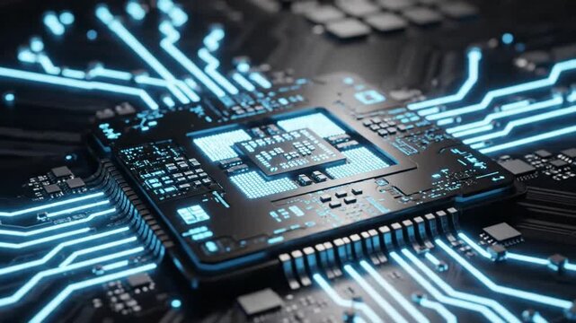 Advanced Computer Microchip Processor With Glowing Circuits Representing High Performance Digital Technology Video