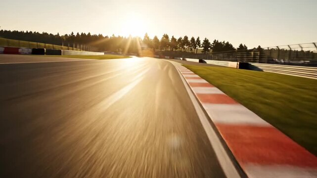 Dynamic motion blur captures the golden hour light on a fast racetrack corner with a red and white curb.