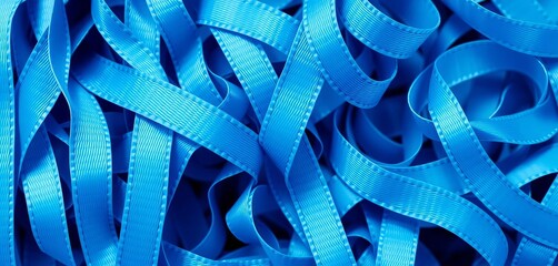 Close-up of a set of blue ribbons, various sizes and textures,  ribbons,  background