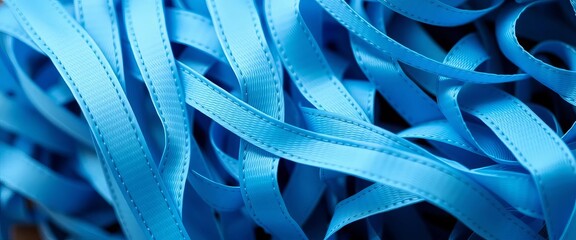 Close-up of assorted blue ribbons, various sizes and textures,  colorful, blue ribbon