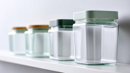 Row of empty glass storage jars with various lids on white shelf against plain background in kitchen or pantry